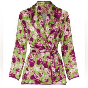 Giovanna Nicolai Wrap Tie Top Size 46(L) Green & Purple Floral Satin Tie Blouse